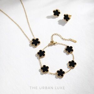 Set of 3 18k Gold Plated Four-Leaf Clover Necklace, Earring Bracelet, Black NWT